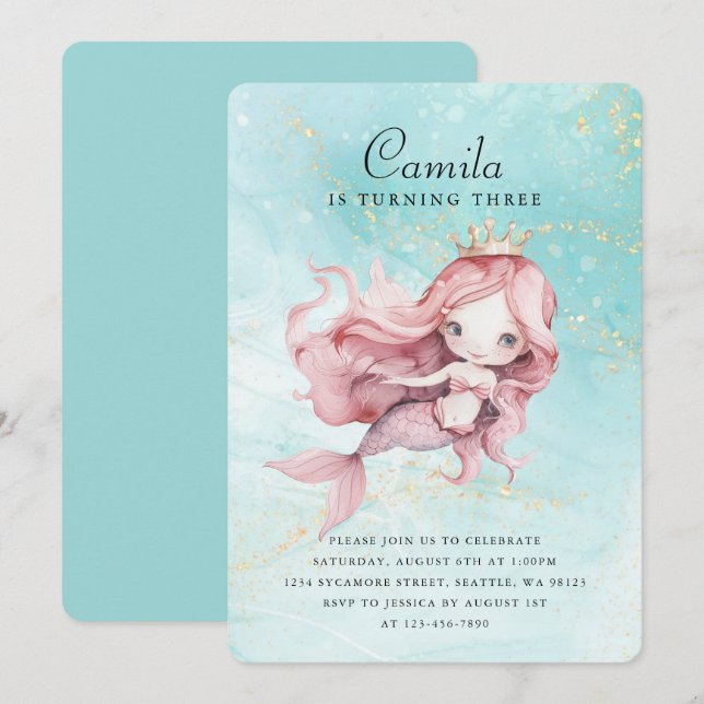 Cute Birthday Mermaid Invitation (Front/Back)