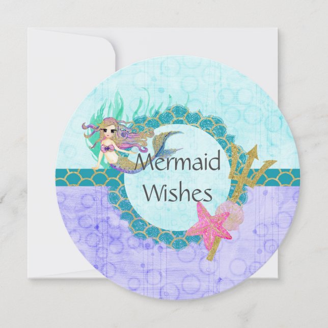 Cute Birthday Mermaid Teal & Purple Mermaid Wishes Card (Front)