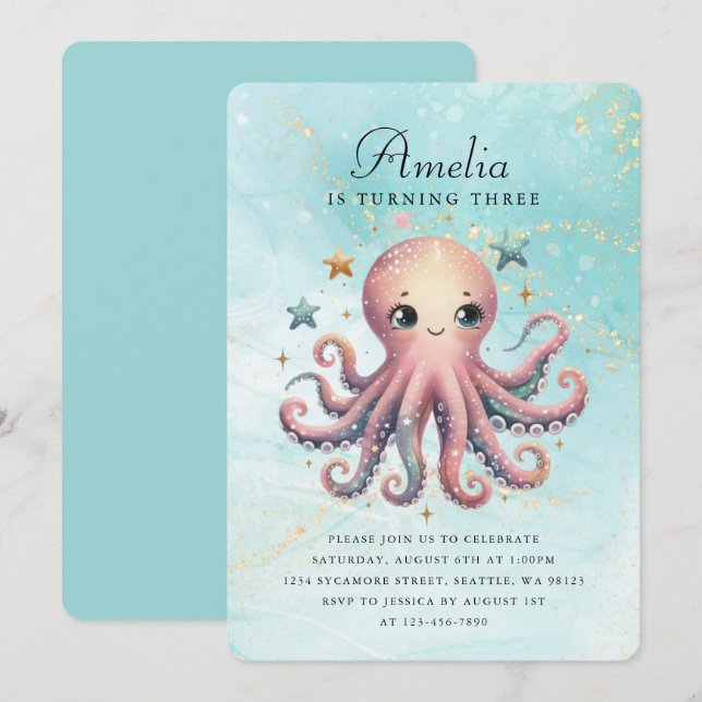 Cute Birthday Octopus Invitation (Front/Back)