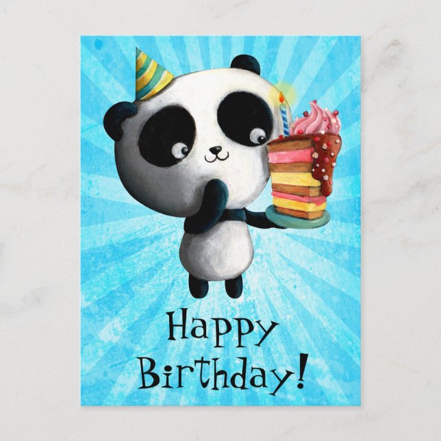Cute Birthday Panda with Cake Postcard (Front)
