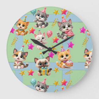 Cute Birthday Party Cats Wrapping Paper | Kawaii K Large Clock