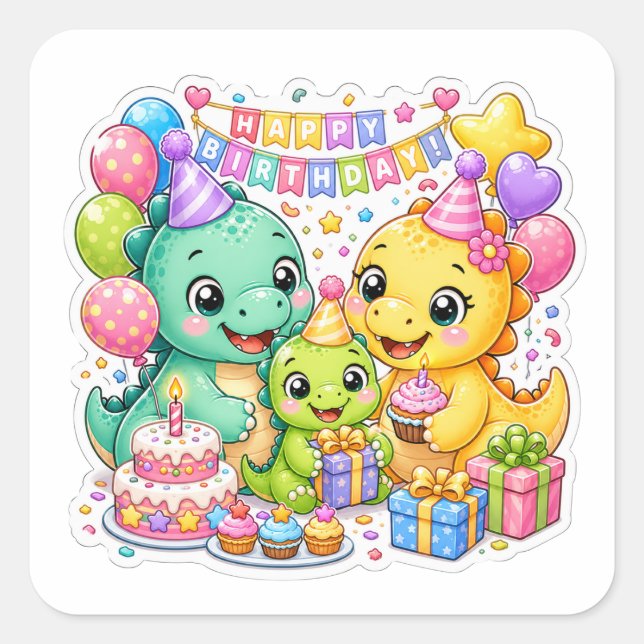 Cute Birthday Party Dinosaur Art Square Sticker (Front)