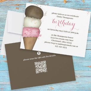 Cute Birthday Party Ice Cream Cone Custom Invitation