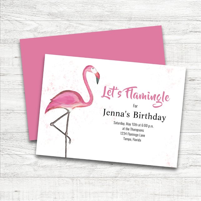 Cute Birthday Party Pink Flamingo Custom Invitation (Pink Flamingo Custom Birthday Party Invitations.)