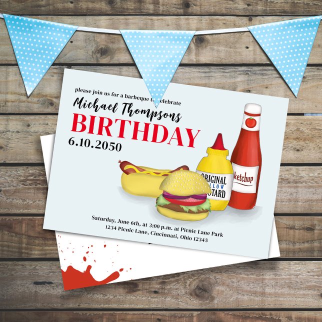 Cute Birthday Party Summer BBQ Custom Invitation (Birthday invitation with hamburger, hotdog, ketchup, and mustard.)