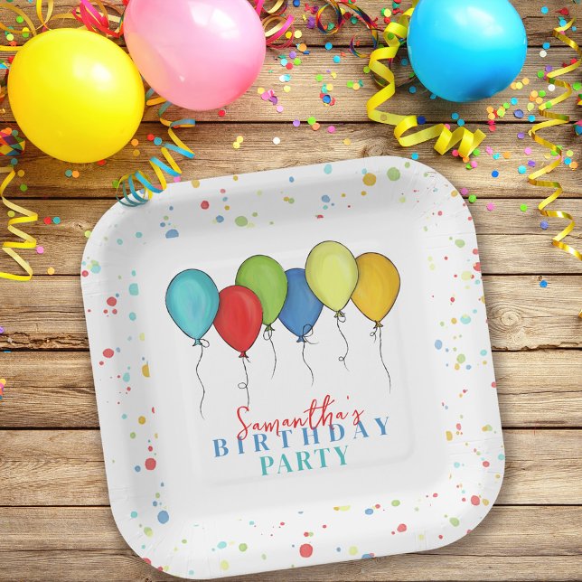Cute Birthday Party Watercolor Balloons Paper Plate (Creator Uploaded)