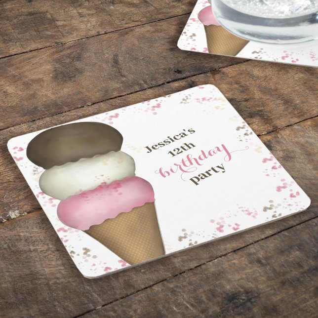 Cute Birthday Party Whimsical Ice Cream Cone  Square Paper Coaster (Creator Uploaded)