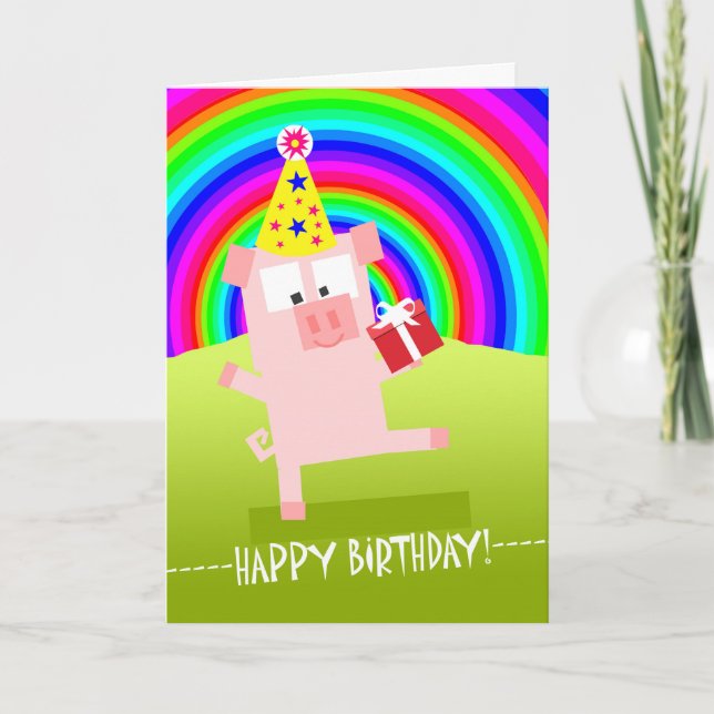 Cute Birthday Pig Under a Rainbow Sky Card (Front)
