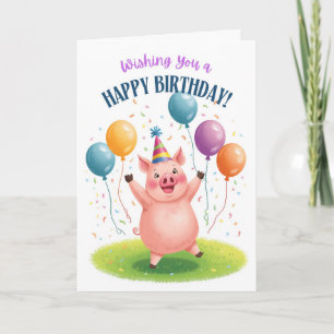 Cute Birthday Pig with Balloons Confetti Card
