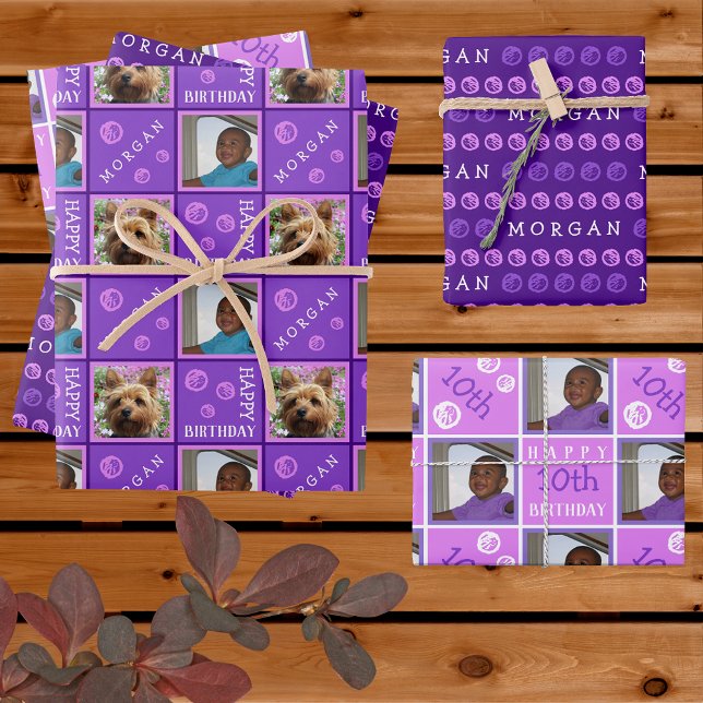 Cute Birthday Purple 3 Photo Any Age Add Name Wrapping Paper Sheet (Creator Uploaded)
