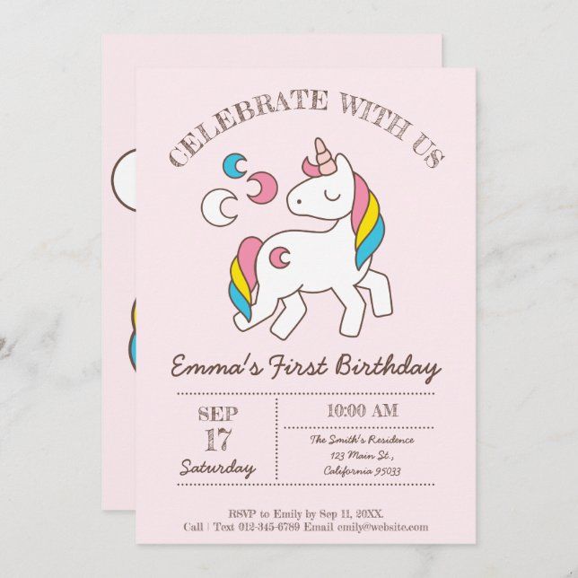 Cute Birthday Rainbow Unicorn Invitation (Front/Back)