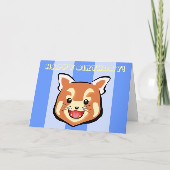 Cute Birthday Red Panda  (Blue Stripes) Card (Front)