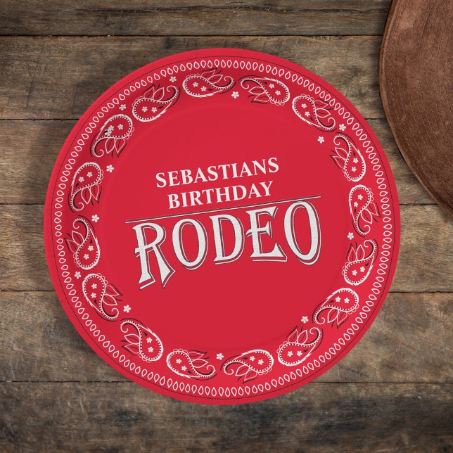 Cute Birthday Simple Rodeo Typography Red Bandanna Paper Plate (Creator Uploaded)