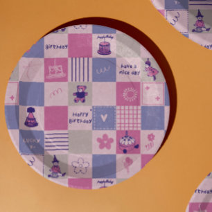 Cute Birthday Squares – Pink modern Pattern Paper Plate