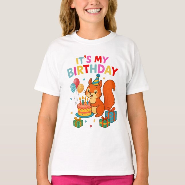 Cute Birthday Squirrel Celebration Party Design T-Shirt (Front)