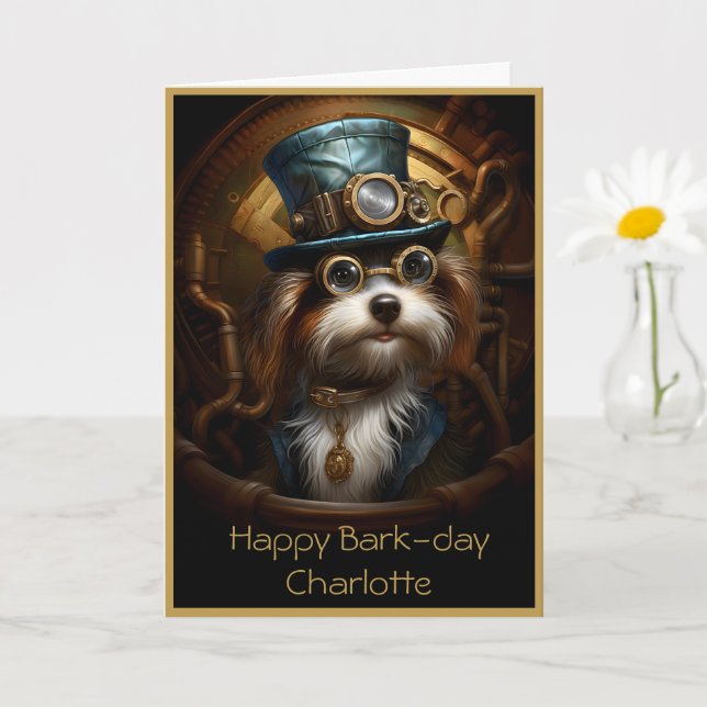 Cute Birthday Steampunk Dog Custom Name 033 Card (Small Plant)