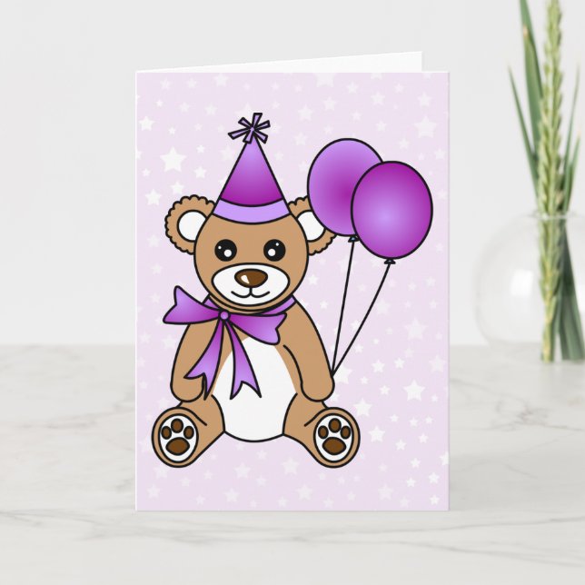 Cute Birthday Teddy Bear - Purple Card (Front)