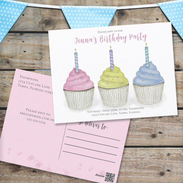 Cute Birthday Watercolor Cupcakes Whimsical Sweet Postcard (Creator Uploaded)