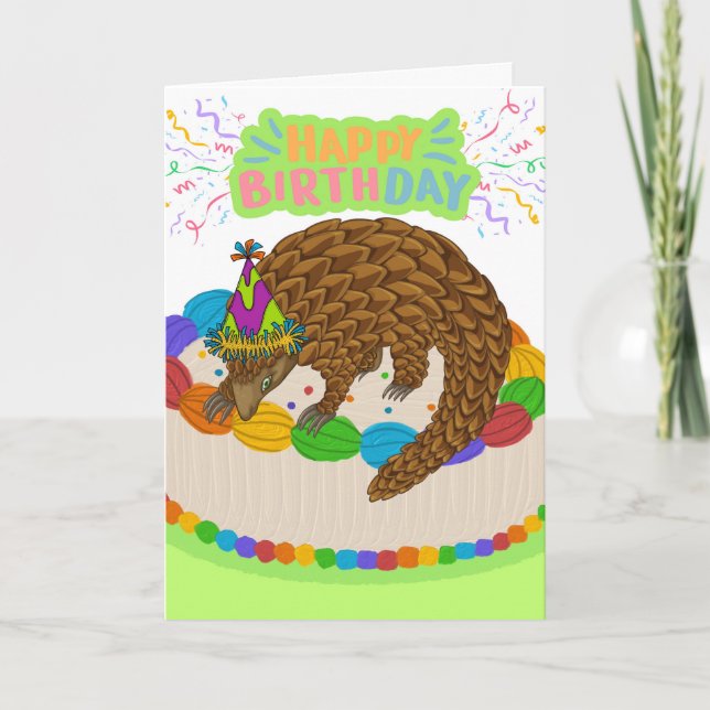 Cute Birthday with Pangolin and Colourful Cake Card (Front)
