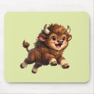 Cute Bison with Big Eyes Happy Wildlife Cartoon Mouse Pad