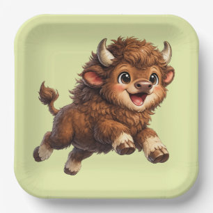 Cute Bison with Big Eyes Happy Wildlife Cartoon Paper Plate