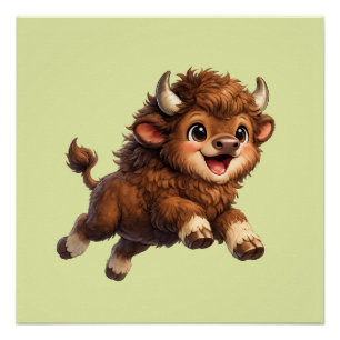 Cute Bison with Big Eyes Happy Wildlife Cartoon Poster
