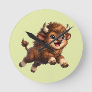 Cute Bison with Big Eyes Happy Wildlife Cartoon Round Clock