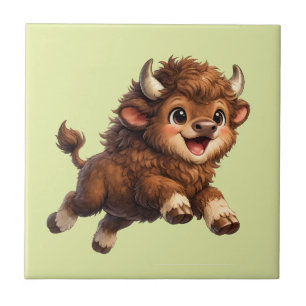 Cute Bison with Big Eyes Happy Wildlife Cartoon Tile