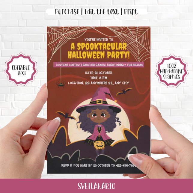 Cute black African American Halloween witch girl I Invitation (Cute Little Black African American Witch Halloween Invitation)