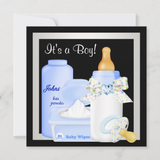 Cute Black and Blue Baby Boy Shower Invitation