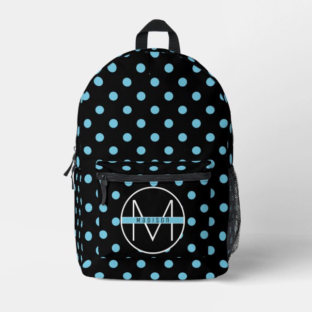 Cute Black and Blue Polka Dots Monogram Name Kids Printed Backpack (Front)