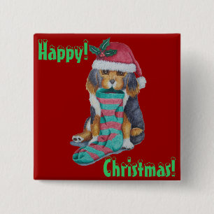 cute black and brown puppy dressed for christmas 15 cm square badge