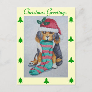 cute black and brown puppy dressed for christmas holiday postcard