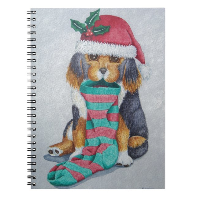 cute black and brown puppy dressed for christmas spiral notebook (Front)
