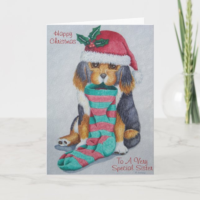 cute black and brown puppy festive verse sister holiday card (Front)