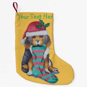 cute black and brown puppy with christmas stocking