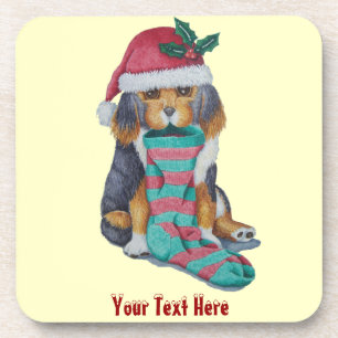 cute black and brown puppy with christmas stocking coaster