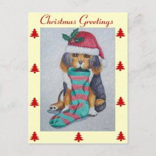 cute black and brown puppy with christmas stocking holiday postcard