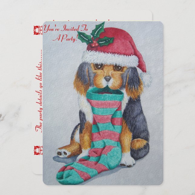 cute black and brown puppy with christmas stocking invitation (Front/Back)