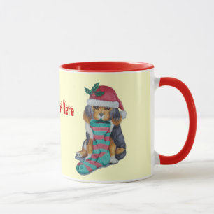 cute black and brown puppy with christmas stocking mug