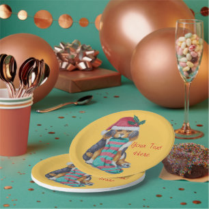 cute black and brown puppy with christmas stocking paper plate