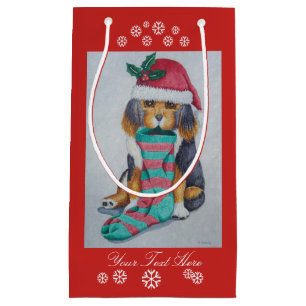 cute black and brown puppy with christmas stocking small gift bag