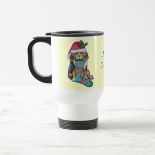 cute black and brown puppy with christmas stocking travel mug