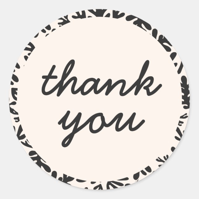 Cute Black and Cream Dark Botanical Thank You Classic Round Sticker (Front)