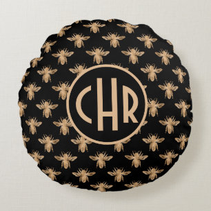 Cute Black And Gold Queen Bee Monogram Round Cushion