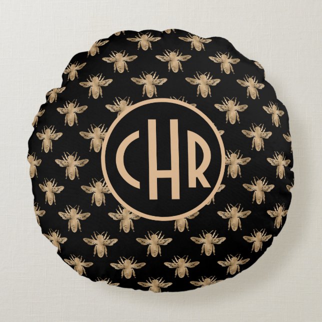 Cute Black And Gold Queen Bee Monogram Round Cushion (Front)