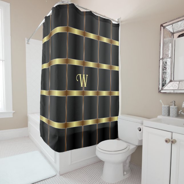 Cute Black And Gold Squares And Stripes Monogram Shower Curtain (In Situ)