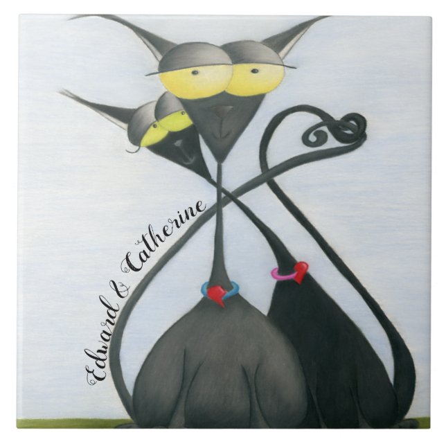 Cute Black and Grey Cat Cartoon Tile (Front)