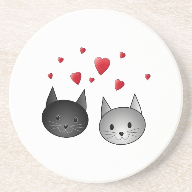 Cute Black and Grey Cats, with Hearts. Coaster (Front)