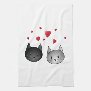 Cute Black and Grey Cats, with Hearts. Tea Towel